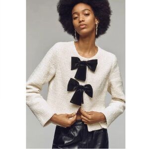 Avec Les Filles Bow Front Cropped Tweed Jacket White Creamy Black Sz Medium